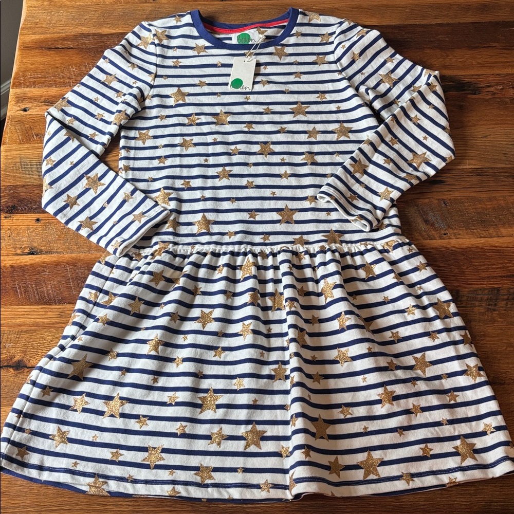 Mini Boden Girls' Navy Stripe & Gold Star Dress size 15-16Y NWT